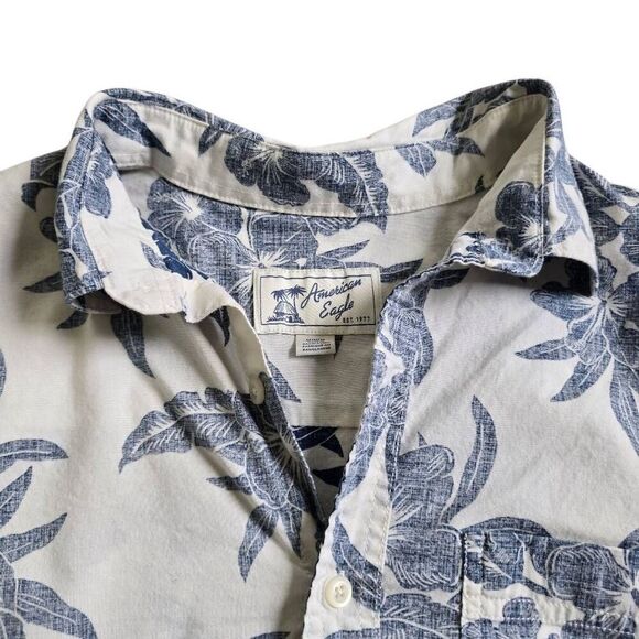American Eagle Outfitters Shirt Men's Medium Ivory Blue Tropical Short Sleeve - Picture 5 of 8